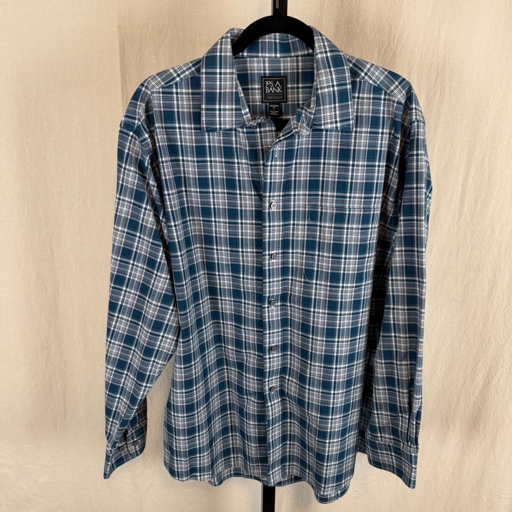Jos. A. Bank Traveler Mens Large Blue Plaid Cotton Button Down Shirt Traditional